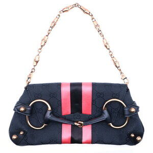 GUCCI GG Canvas Horsebit Chain Shoulder Bag Black Pink Limited Edition